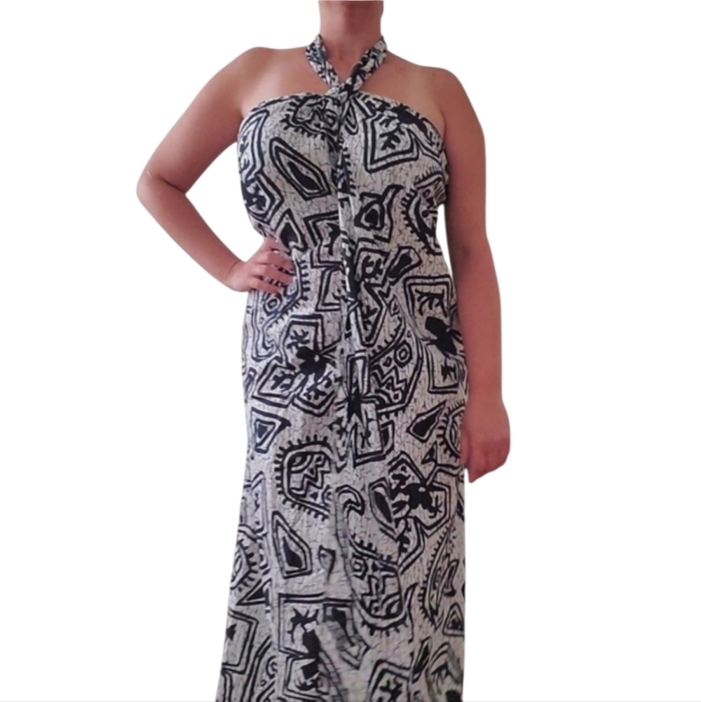 Vintage 70s HUKILAU FASHIONS Hawaiian Floral Tiki Sarong Wrap Dress Blue/Black
